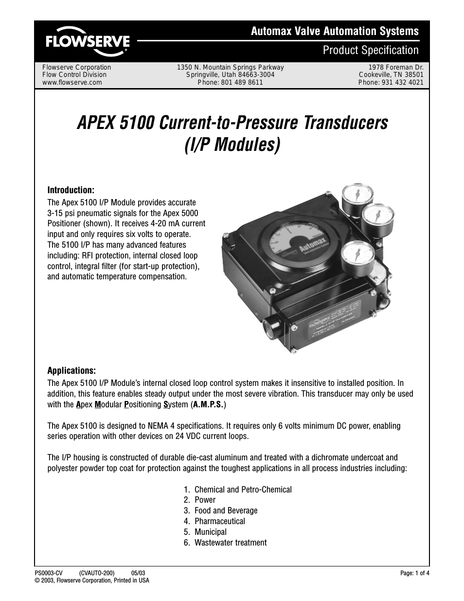 APEX 5100 Current-to-Pressure Transducers
