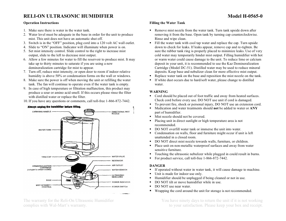 RELI-ON ULTRASONIC HUMIDIFIER Model H-0565-0