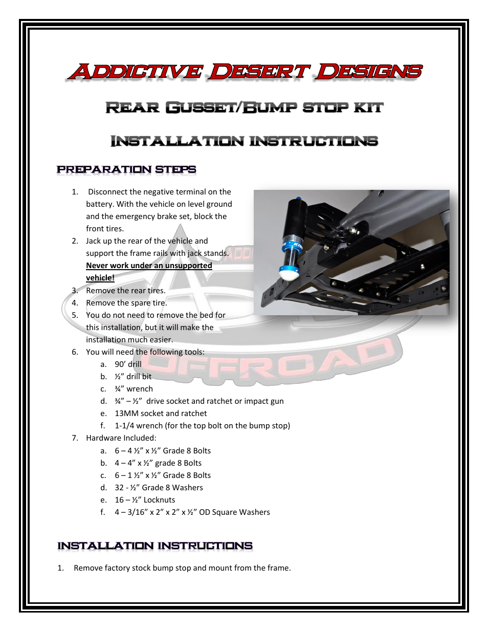 2010 - 2013 Ford Raptor Rear Frame Gusset/Bump Stop Kit