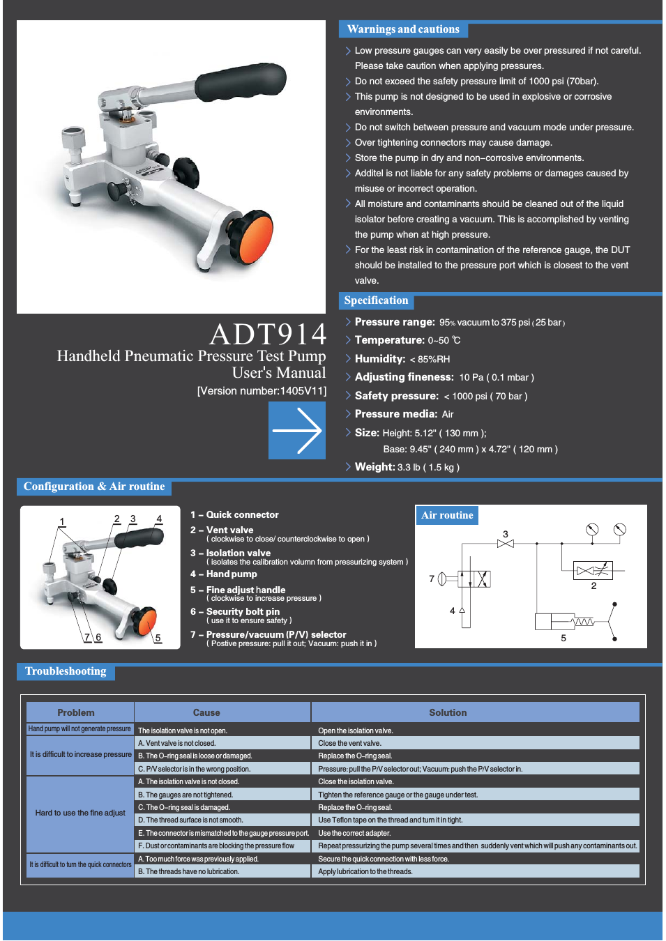914 Handheld Pneumatic Pressure Test Pump User Manual