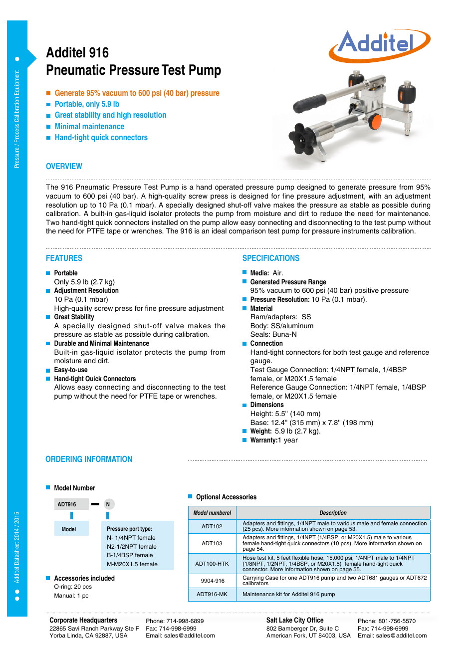 916 Pneumatic Pressure Test Pump Datasheet