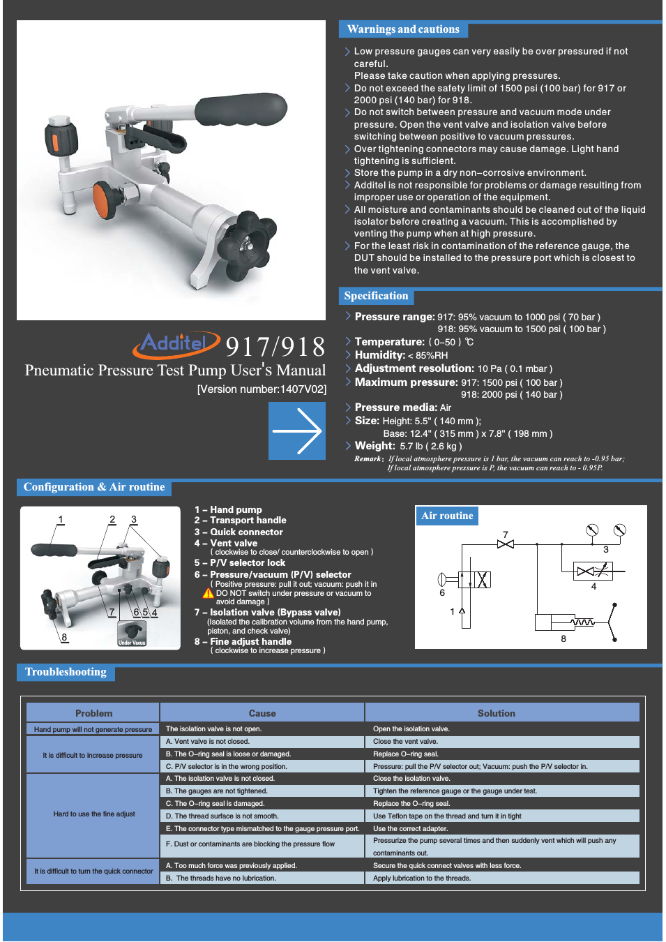 918 Pneumatic Pressure Test Pump User Manual