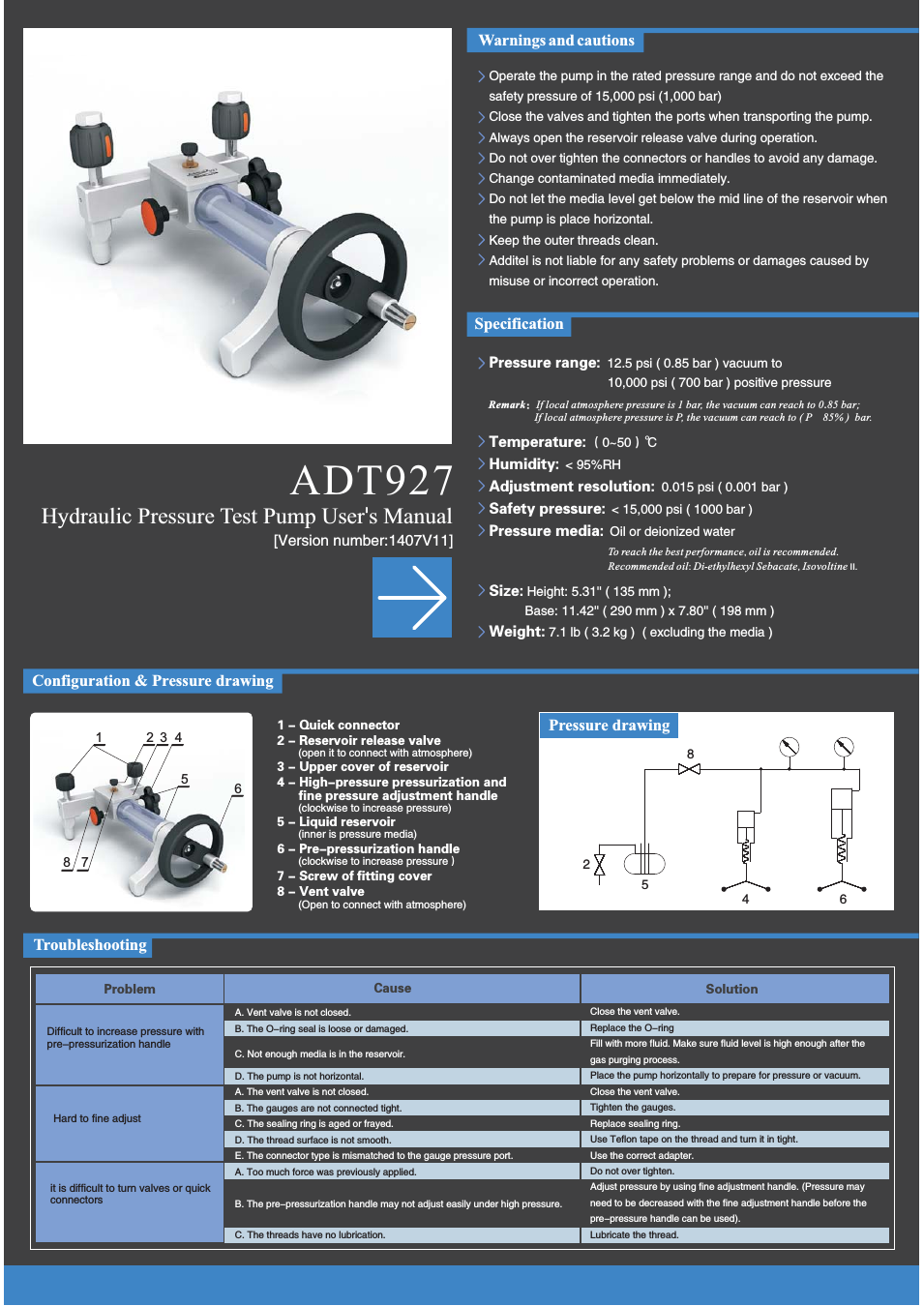 927 Hydraulic Pressure Test Pump User Manual