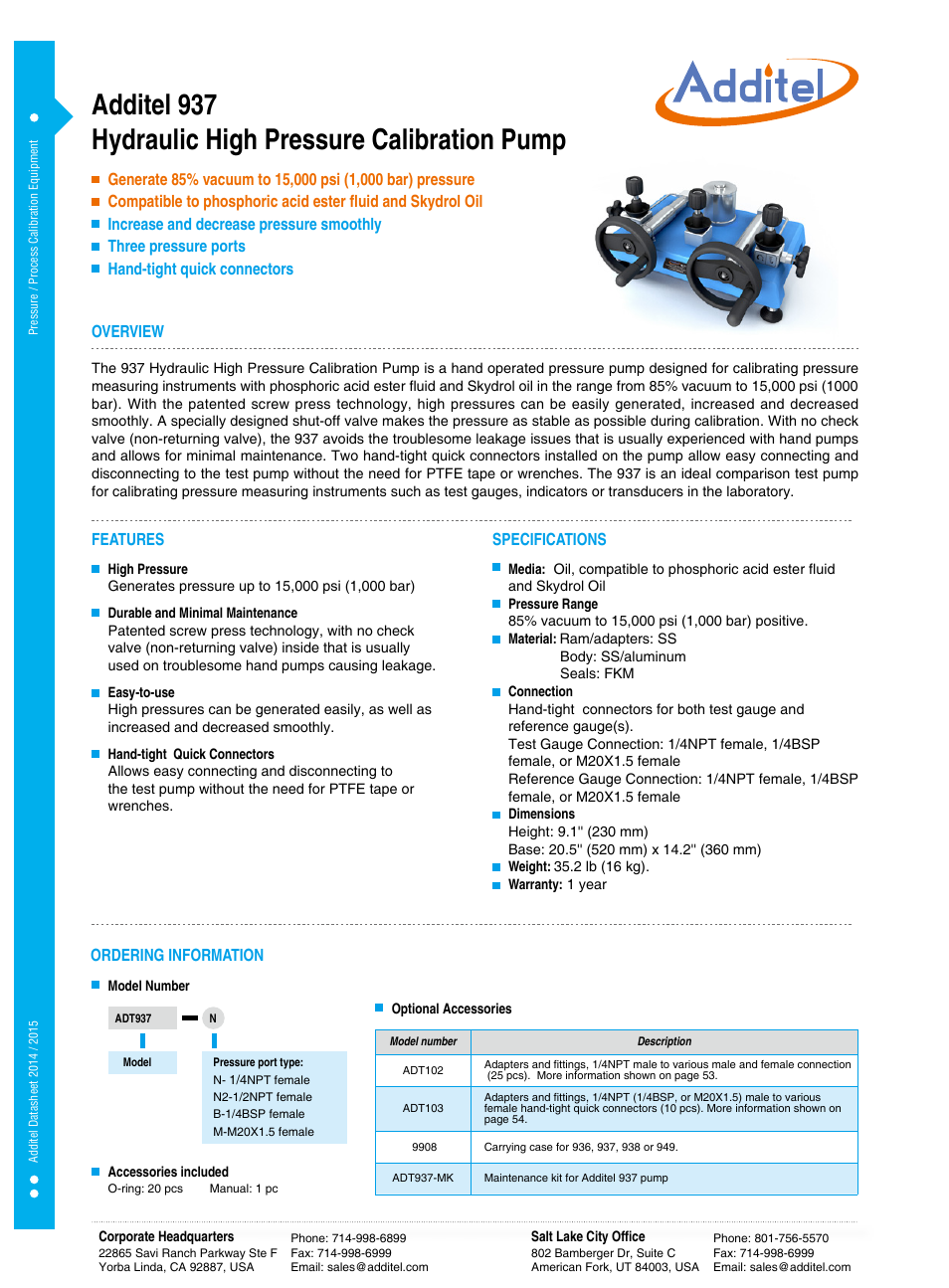 937 Hydraulic High Pressure Calibration Pump Datasheet
