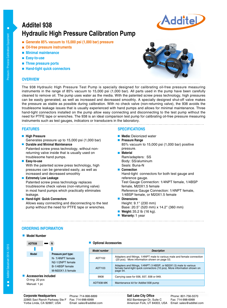 938 Hydraulic Pressure Calibration Pump (oil-free) Datasheet