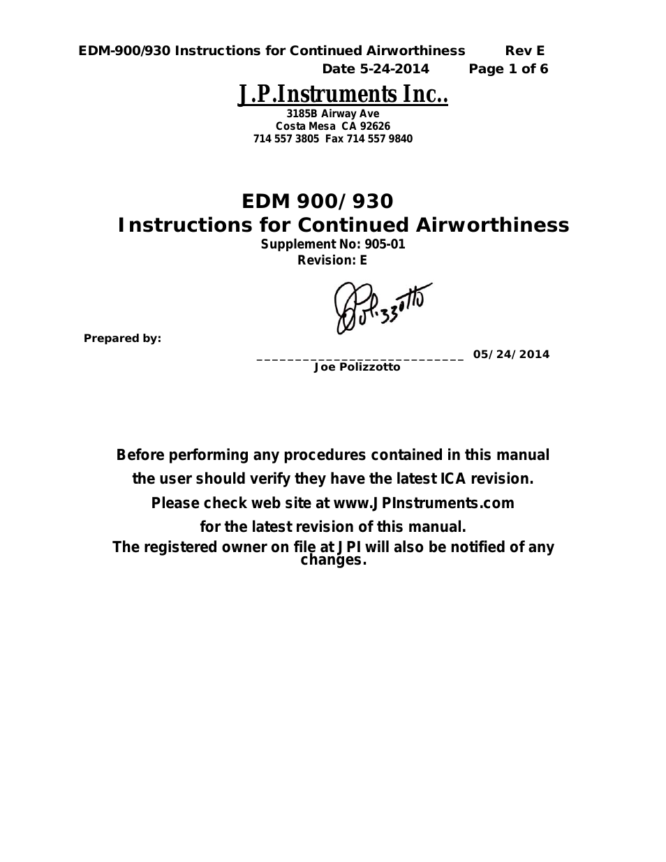 EDM 930 Primary Instructions for Continued Airworthiness