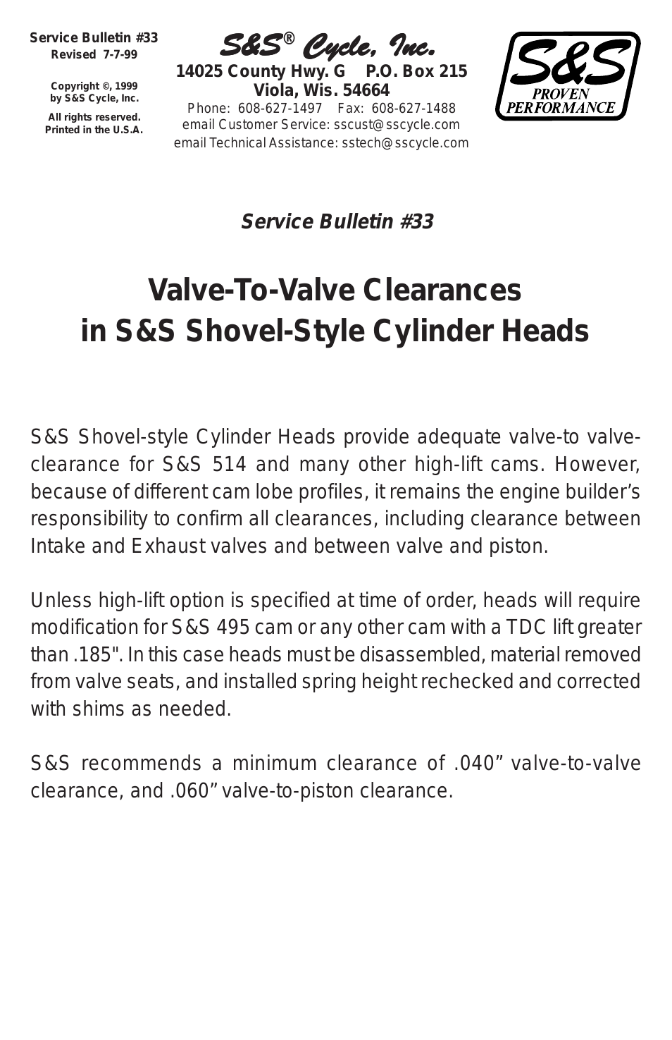 Valve-To-Valve Clearances in S&S Shovel-Style Cylinder Heads