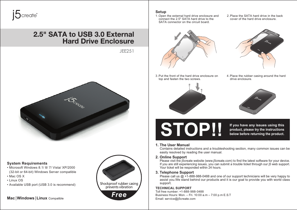 JEE251 2.5" SATA to USB 3.0 External Hard Drive Enclosure
