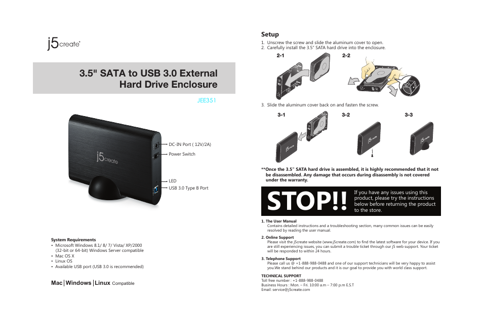JEE351 3.5" SATA to USB 3.0 External Hard Drive Enclosure