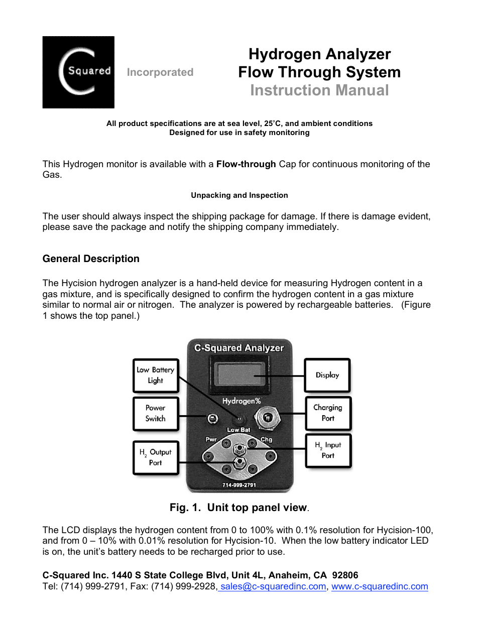 Hydrogen Flow Through Analyzer Manual