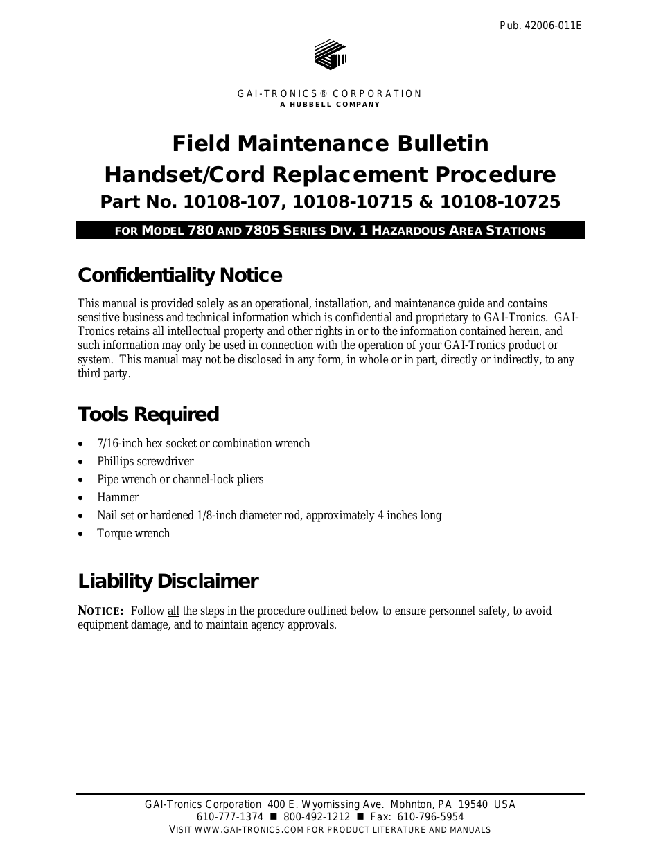 10108-007 Field Maintenance Bulletin: Handset/Cord Replacement Procedure for Model 780 & 7805 Series Div. 1 Hazardous Area Stations