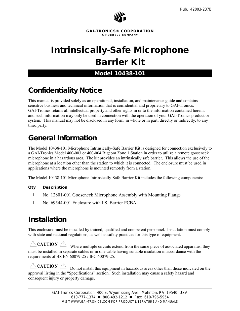 10438-101 Intrinsically-Safe Microphone Barrier Kit