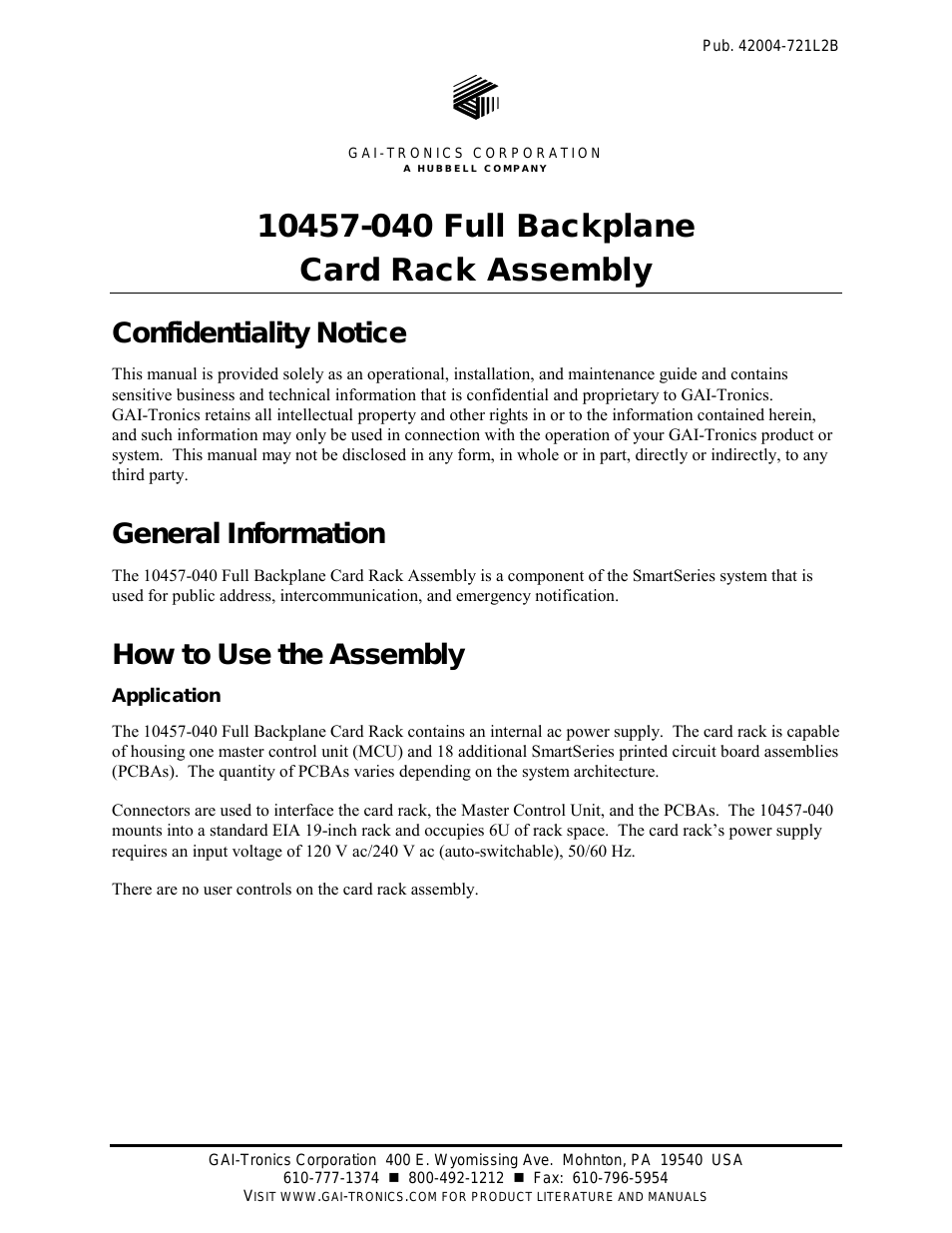 10457-040 Full Backplane Card Rack Assembly