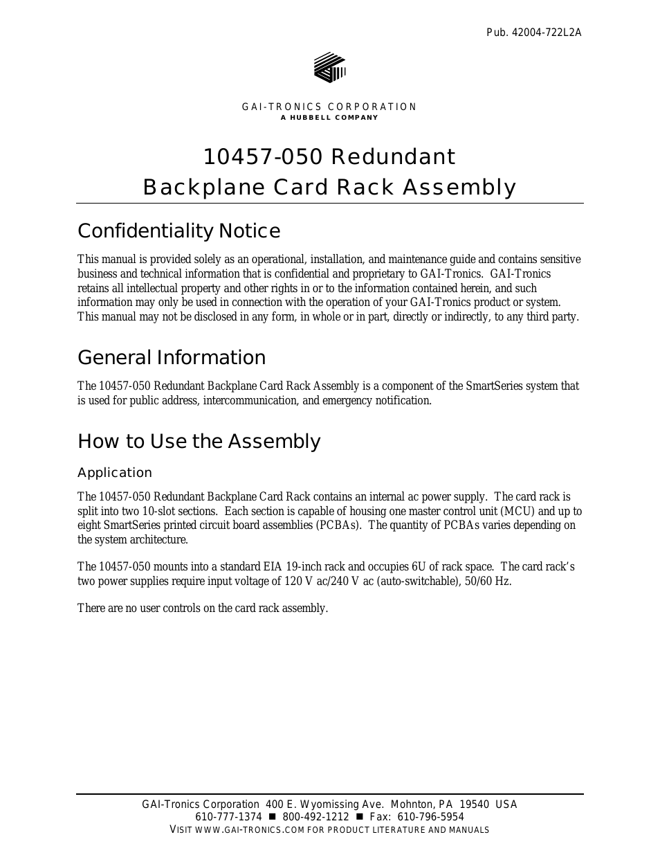 10457-050 Redundant Backplane Card Rack Assembly