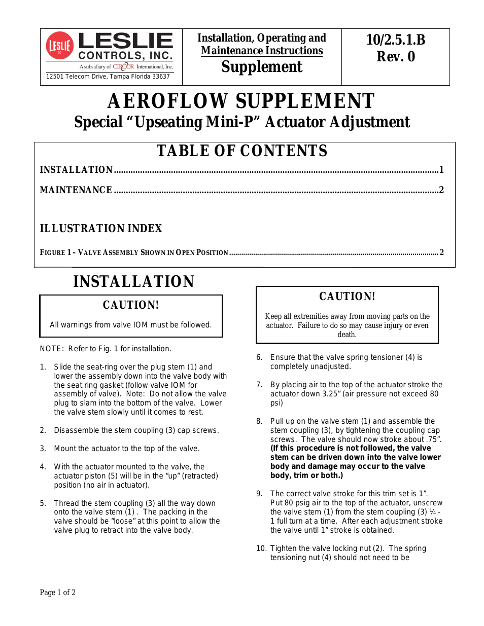 AEROFLOW SUPPLEMENT Special Upseating Mini-P FTC Actuator Adjustment