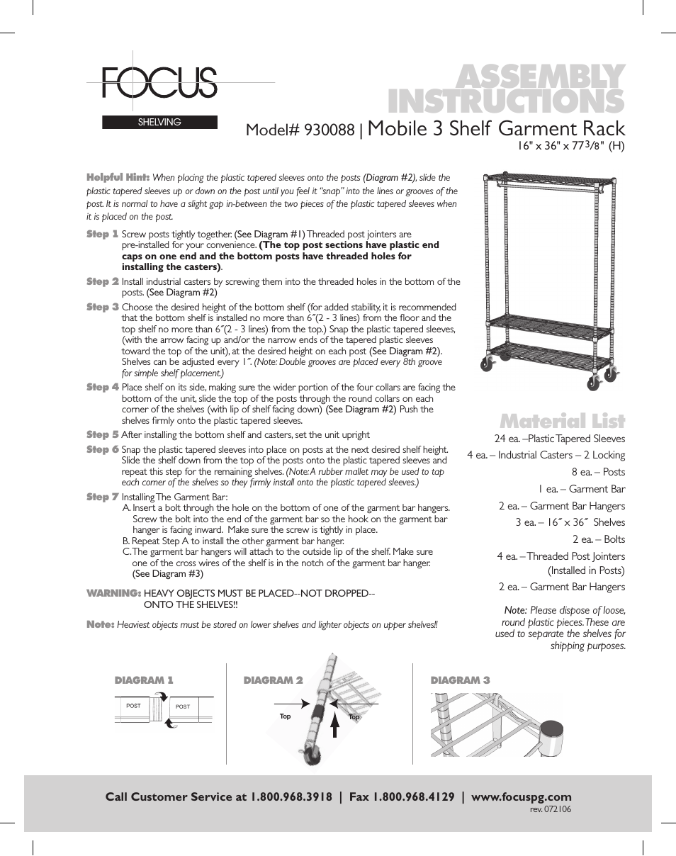 930088 Mobile 3 Shelf Garment Rack - Assembly Instructions
