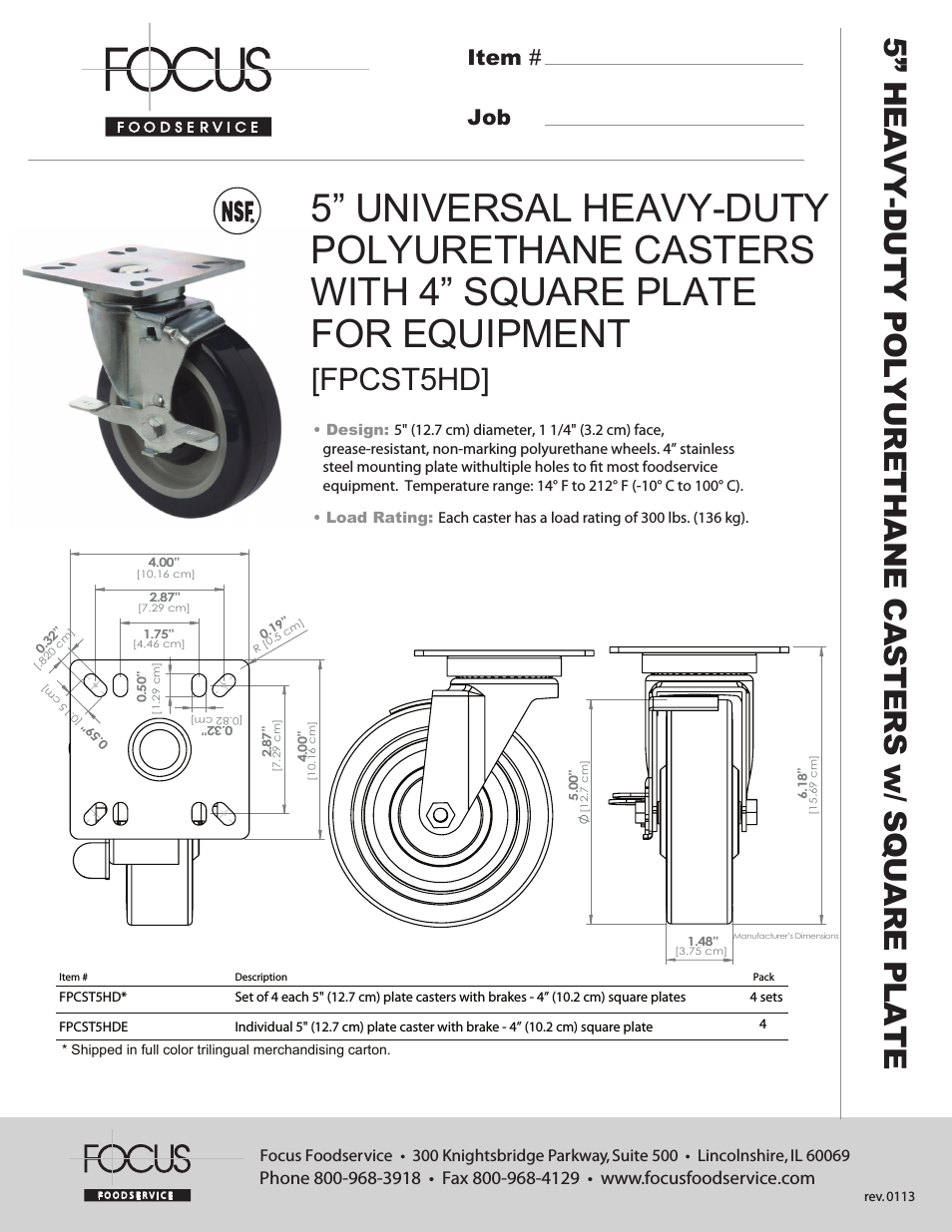 FPCST5HD 5” UNIVERSAL HEAVY-DUTY  POLYURETHANE CASTERS WITH 4” SQUARE PLATE FOR EQUIPMENT - Specification Sheets
