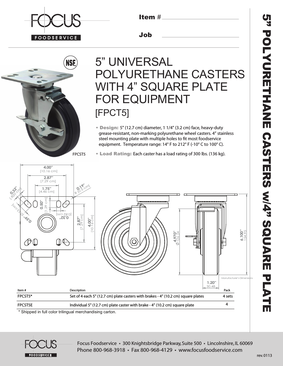 FPCT5 5” UNIVERSAL POLYURETHANE CASTERS WITH 4” SQUARE PLATE FOR EQUIPMENT - Specification Sheets