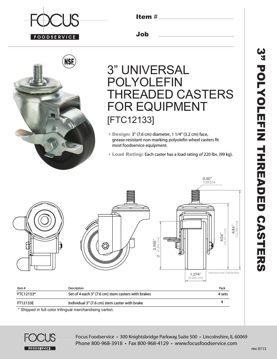 FTC12133 3” UNIVERSAL POLYOLEFIN THREADED CASTERS FOR EQUIPMENT - Specification Sheets