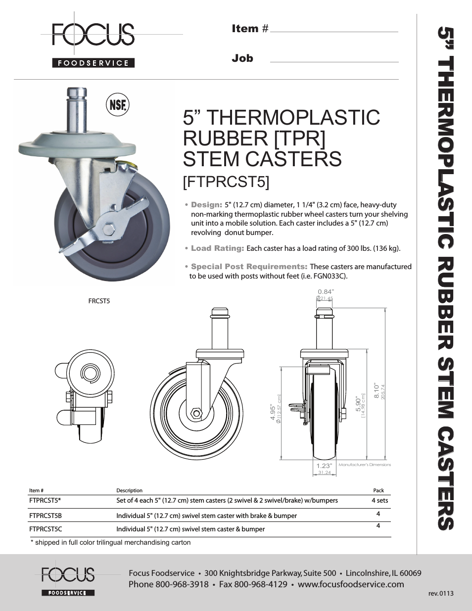 FTPRCST5 5” THERMOPLASTIC RUBBER [TPR] STEM CASTERS - Specification Sheets