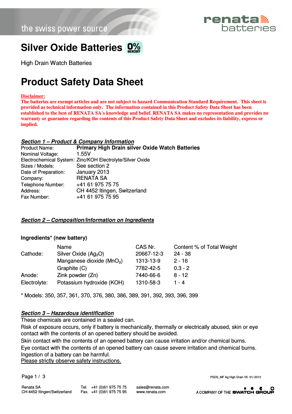 Product Safety Datasheet Ag 0% Hg High drain