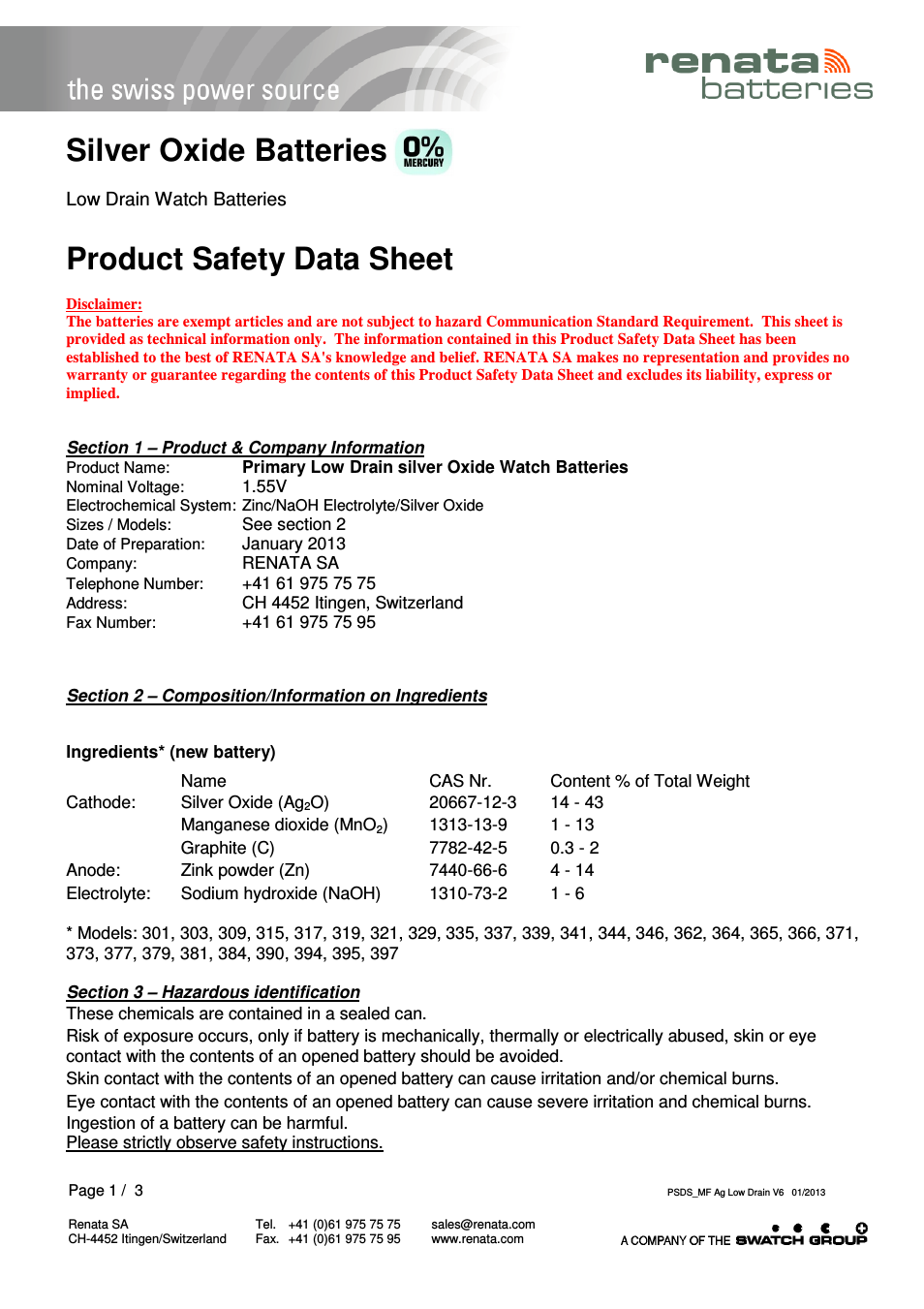 Product Safety Datasheet Ag 0%HG Low drain