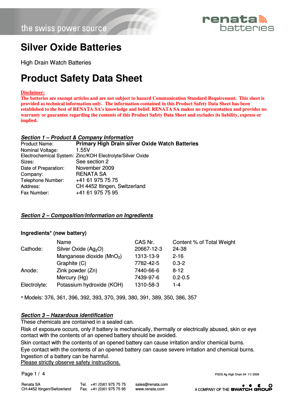 Product Safety Datasheet Ag High drain
