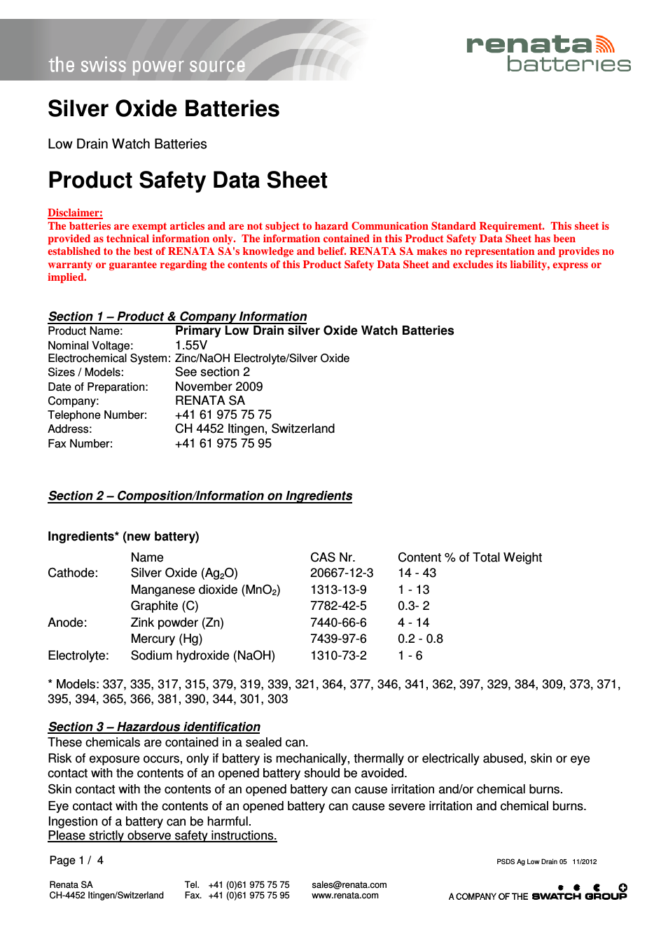 Product Safety Datasheet Ag Low drain