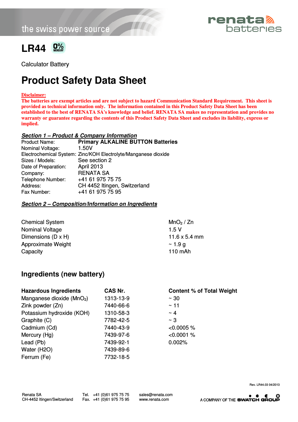 Product Safety Datasheet Alkaline