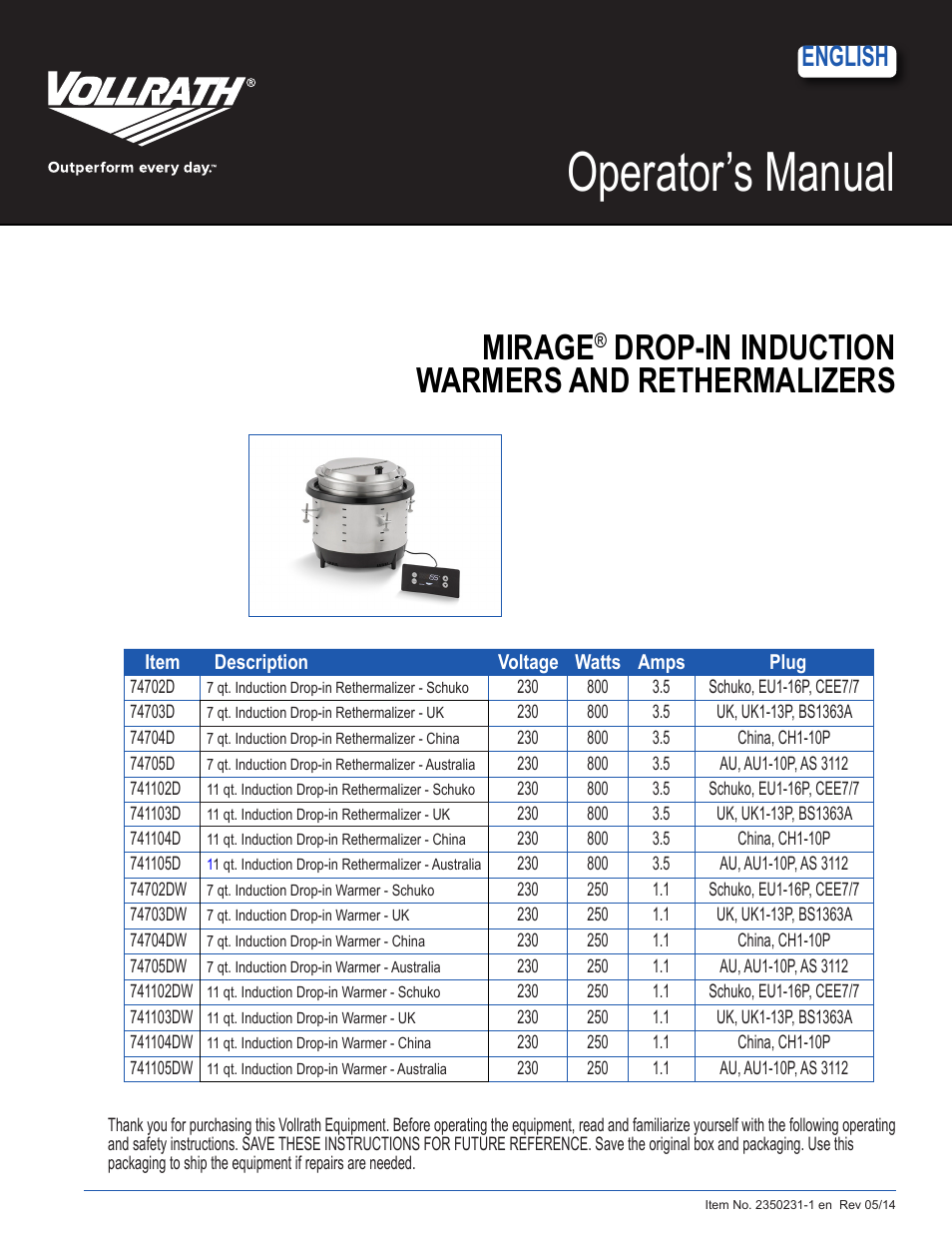 Mirage Drop-In Induction Warmers 11 Qt