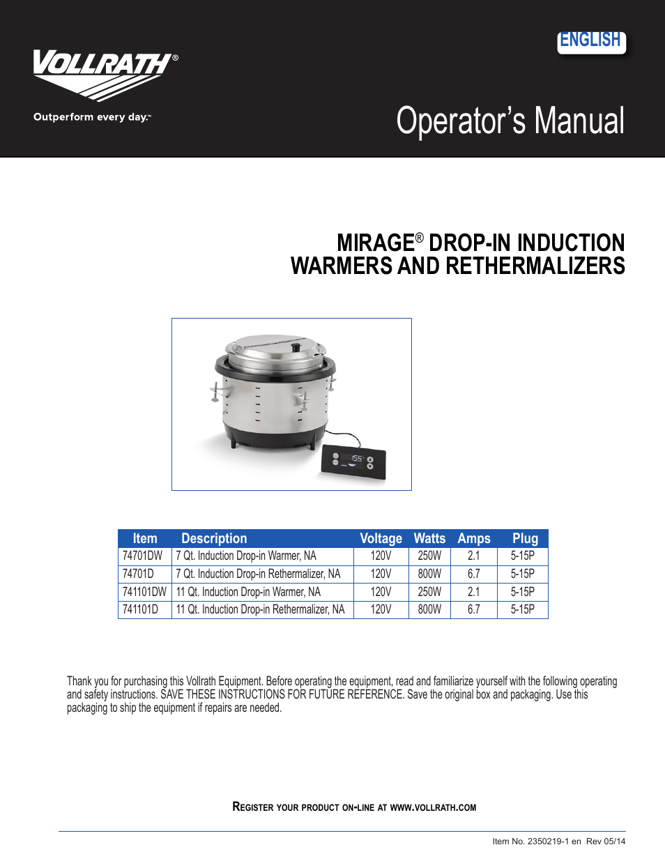 Mirage Drop-In Induction Warmers 7 Qt