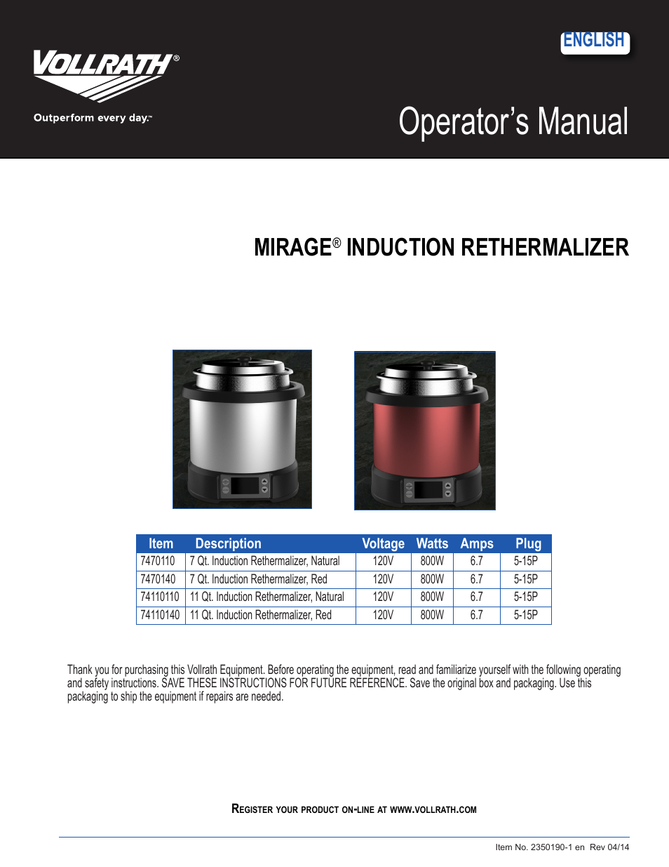 Mirage Induction Rethermalizers 11 Qt