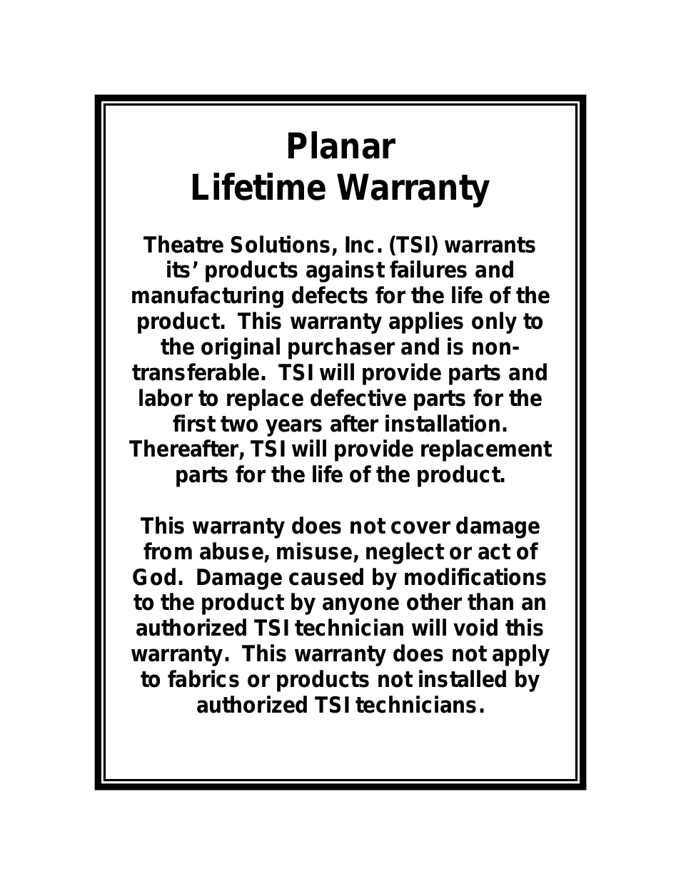 Planar Warranty