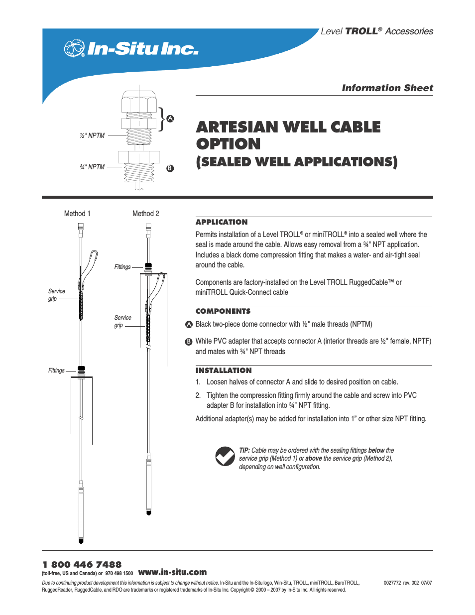 Artesian Well Cable Option (factory installed) for Level TROLL and miniTROLL