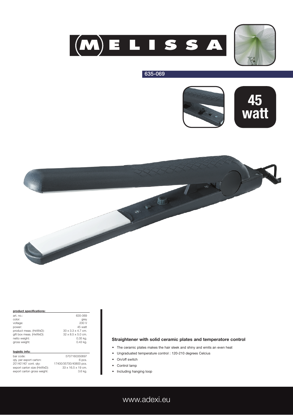 Straightener with Solid Ceramic Plates and Temperatore Control 635-069