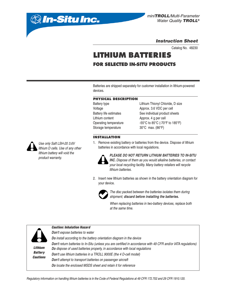 D-cell Lithium Battery Kit for TROLL 9500/9000 and miniTROLL External Power