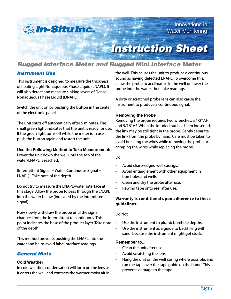 Oil/Water Interface Meter Instruction Sheet
