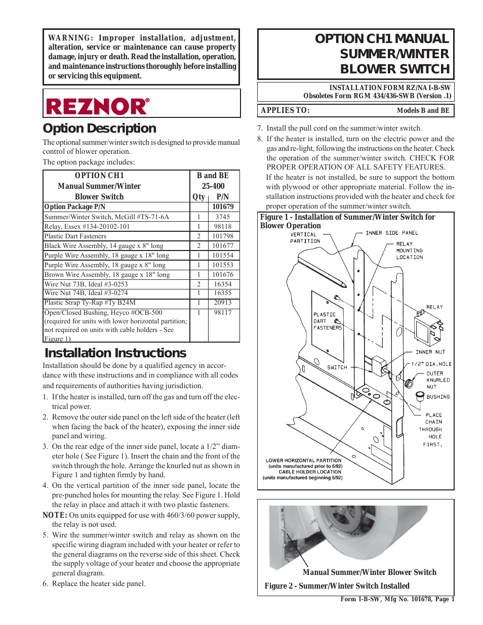 BE Option - Installation - Summer/Winter Blower Switch Instructions