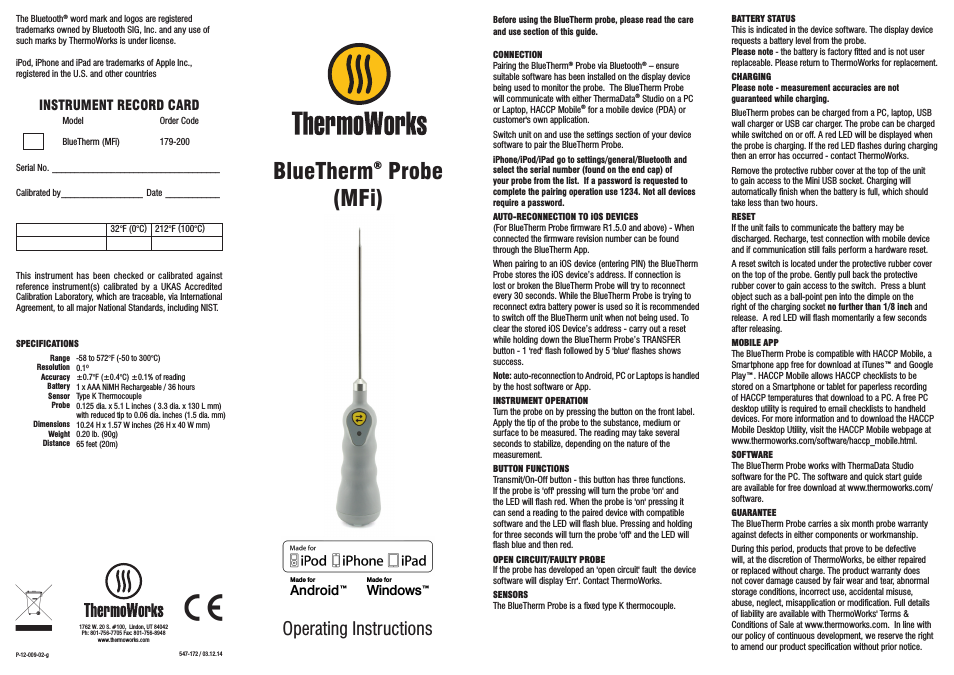 179-200 BLUETHERM BLUETOOTH PROBE WITH HACCP MOBILE FOR iOS, WINDOWS & ANDROID, WITH SILICONE BOOT Operating Instructions