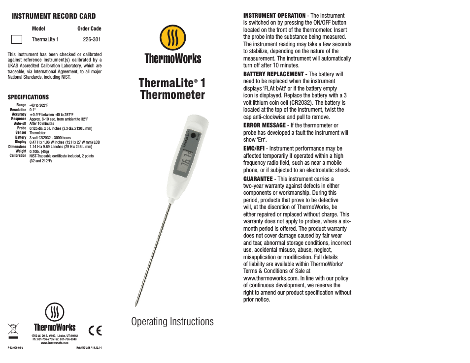 226-301 THERMALITE 1 CERTIFIED DIGITAL THERMOMETER