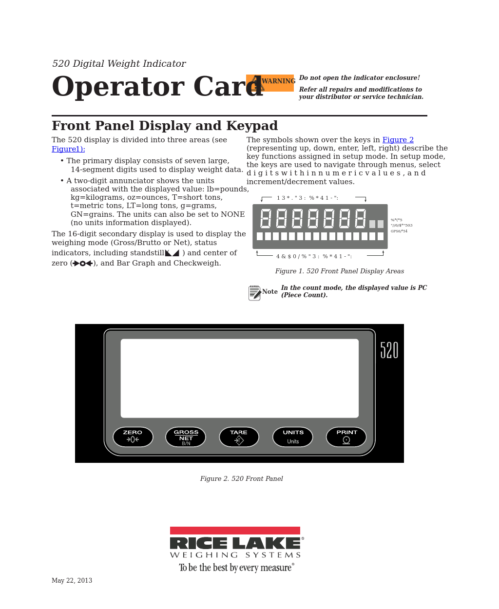 520 Digital Weight Indicator Operator Card