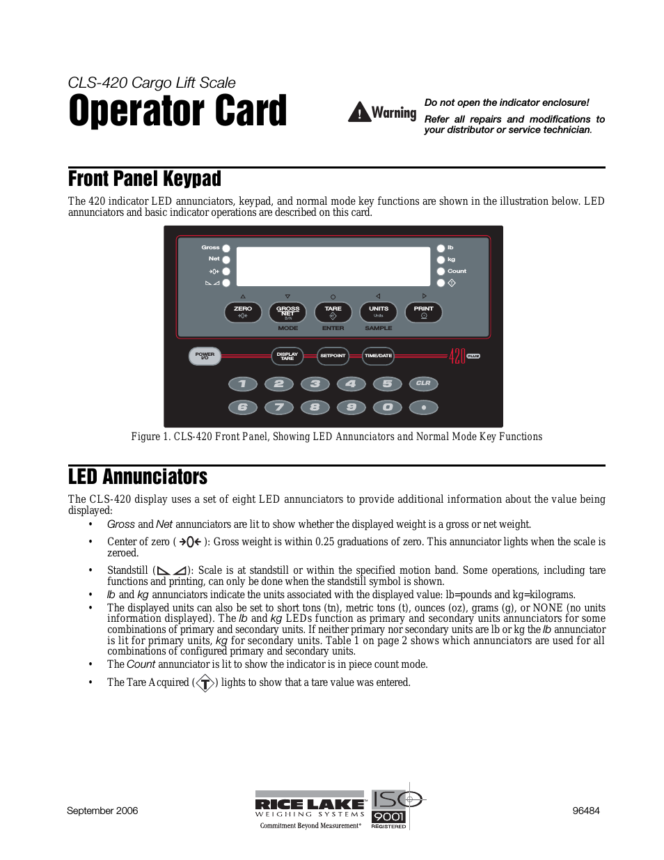 CLS-420 Cargo Lift Scale Operator Card