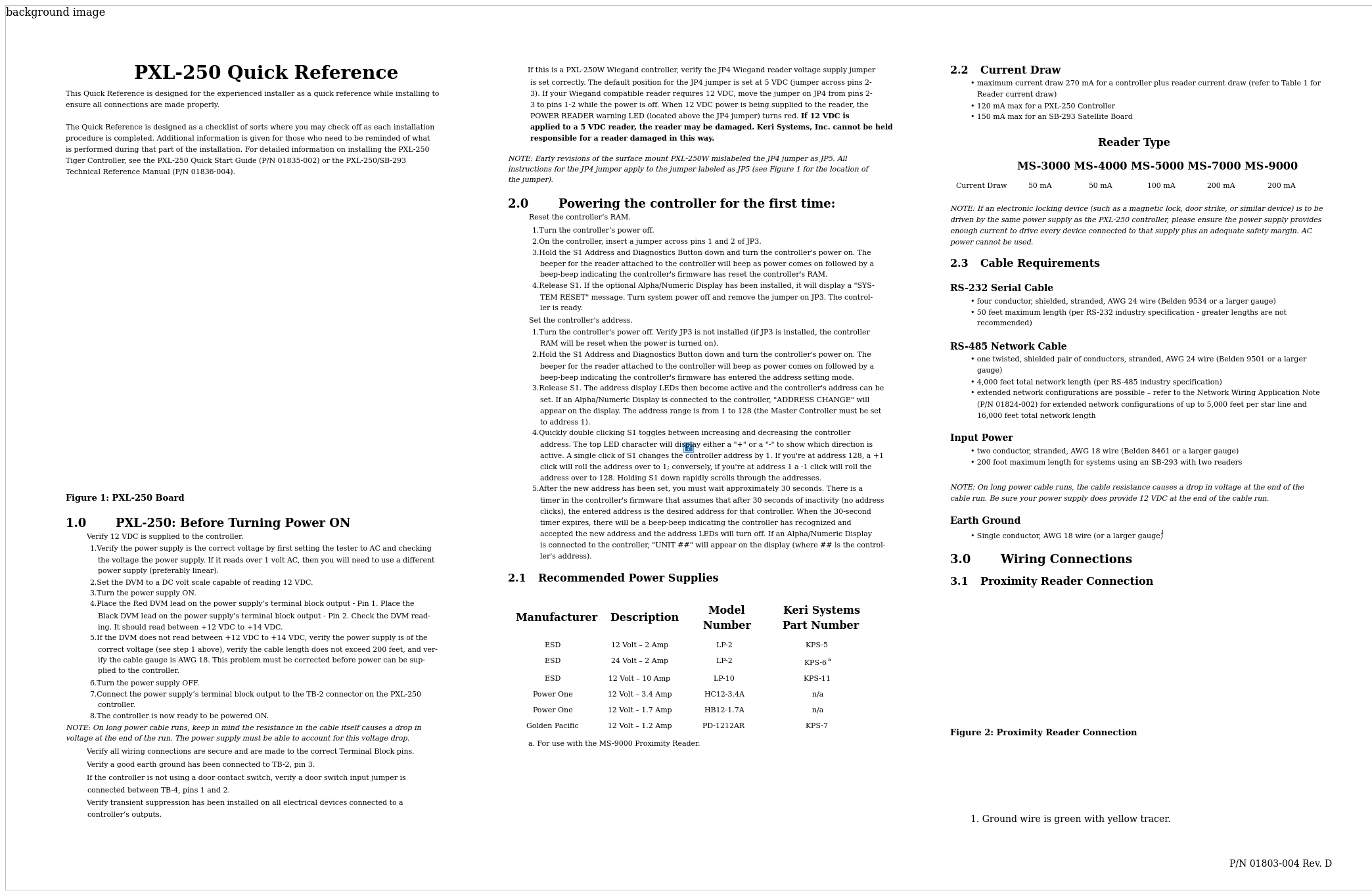 PXL-250 Quick Reference