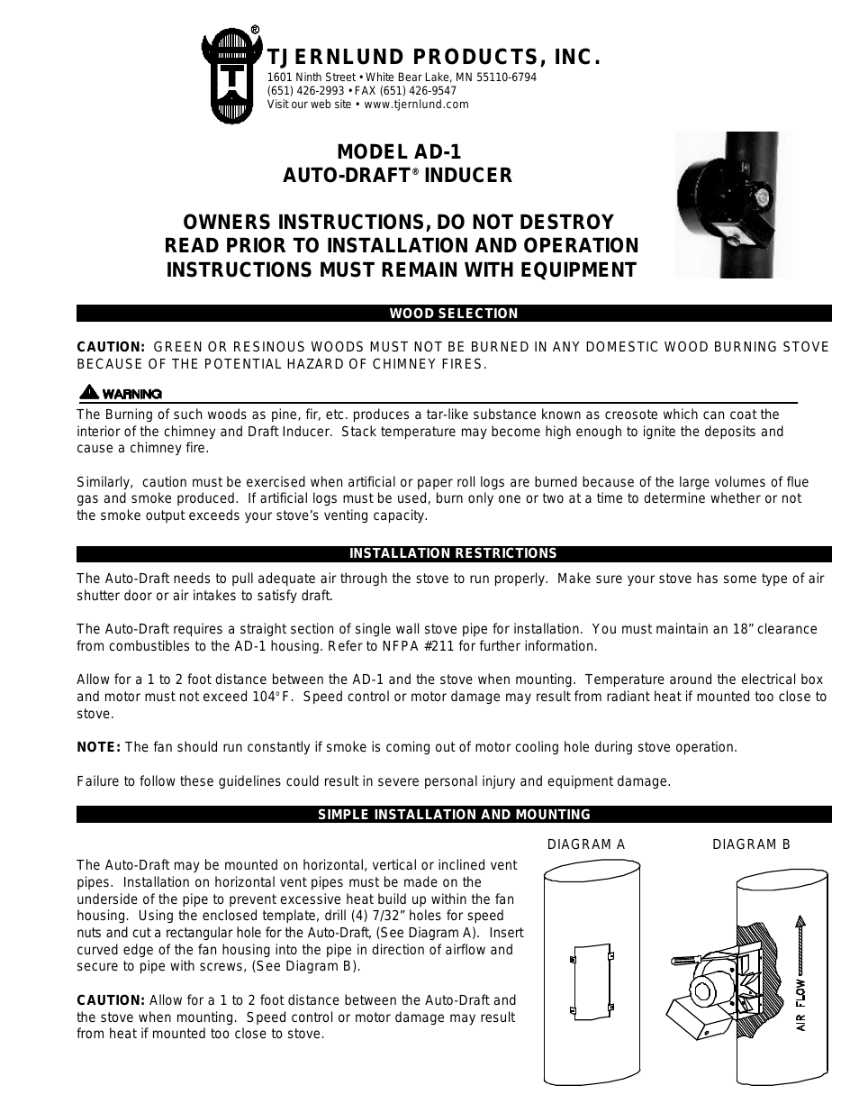 AD-1 for Wood or Coal Stoves 8504012 Rev A 10/99