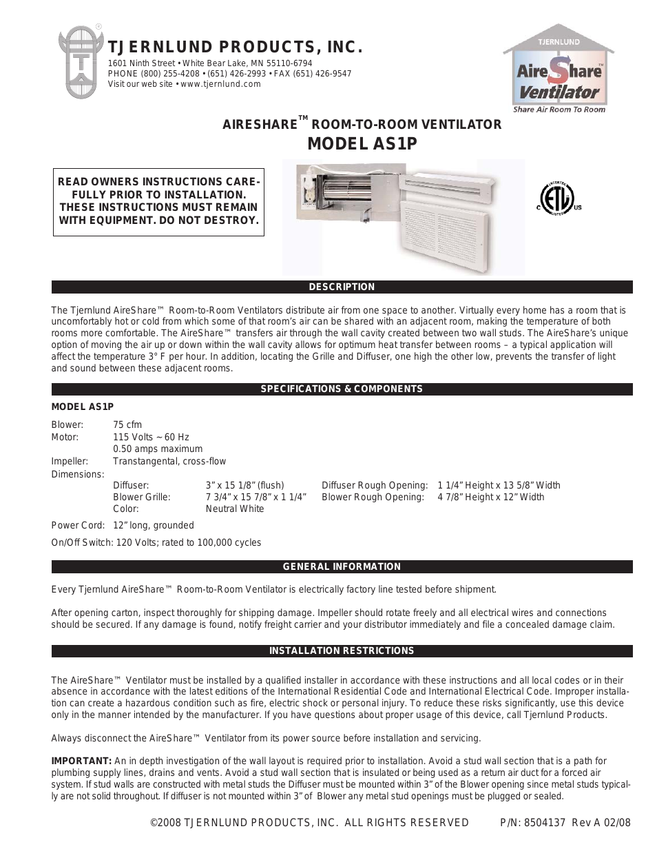 AS1P AireShare Room-to-Room Ventilator Rev A 02/08 8504137