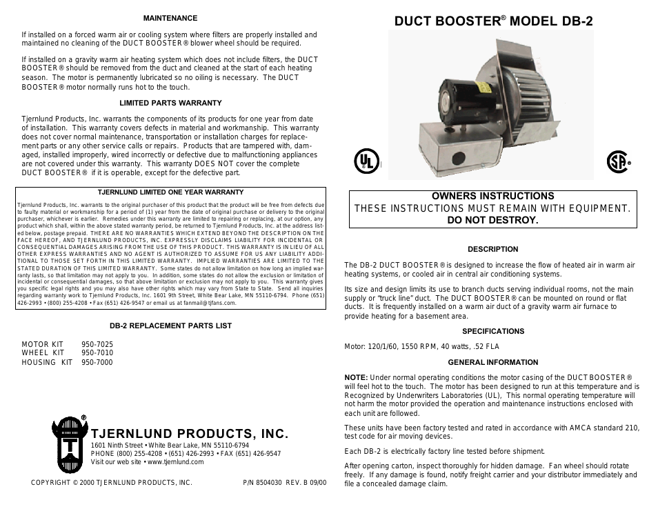 DB-2 Duct Booster 8504030 Rev B 09/00