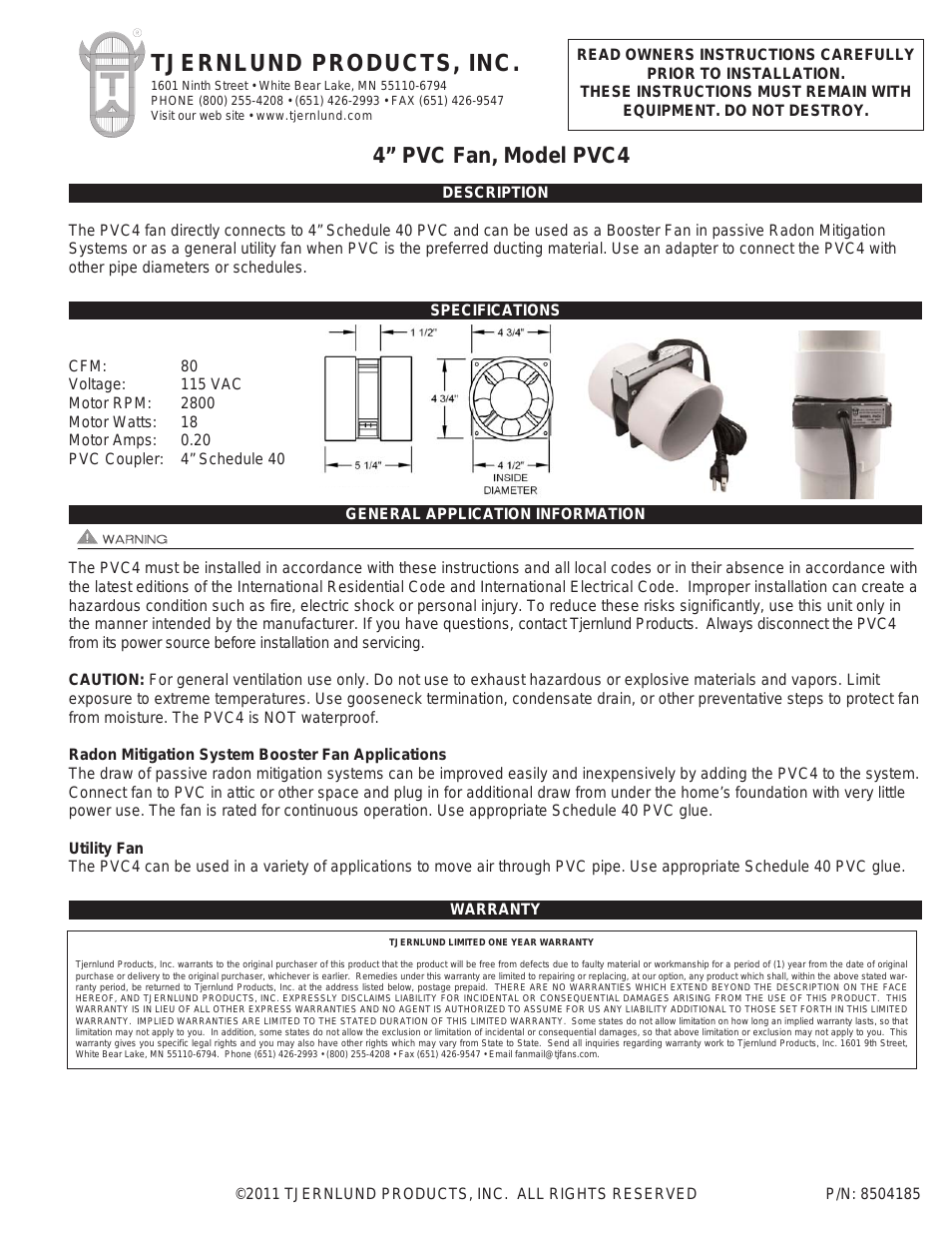 PVC4 Radon Mitigation System Booster Fan 8504185
