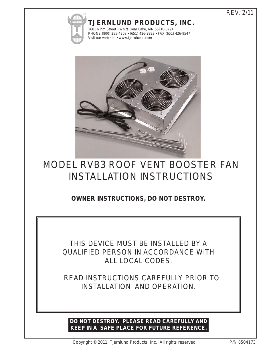 RVB3 Roof Vent Booster Fan 8504173 (Discontinued)