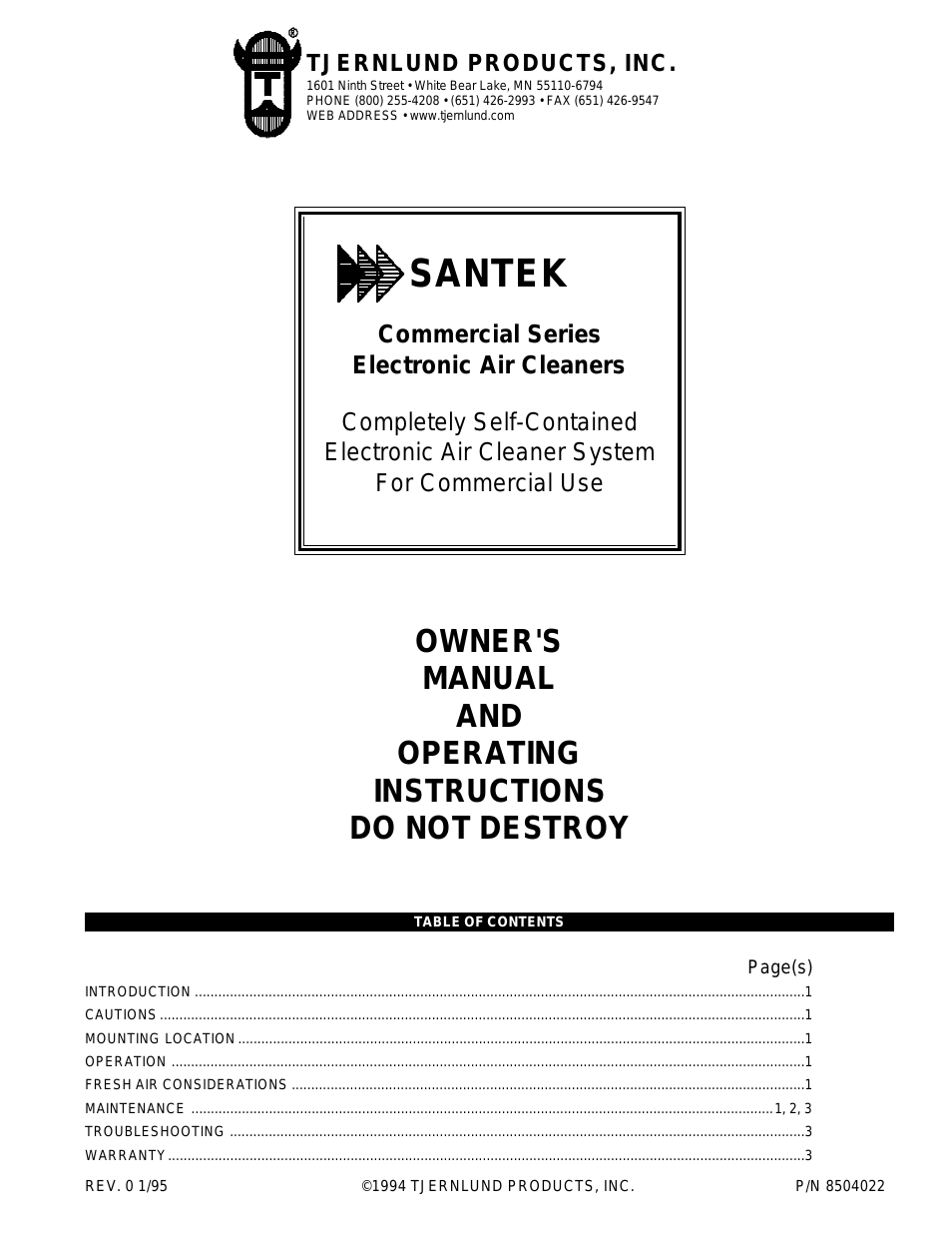 Santek Air Cleaners (Discontinued) 8504022 Rev 1 01/95