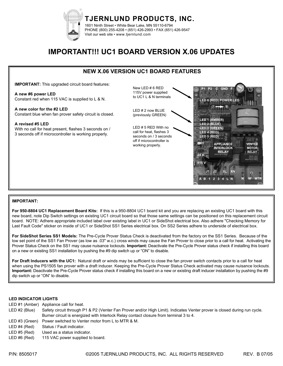 UC1 Universal Control (Version X.06) Addendum 8505017 Rev B 07/05